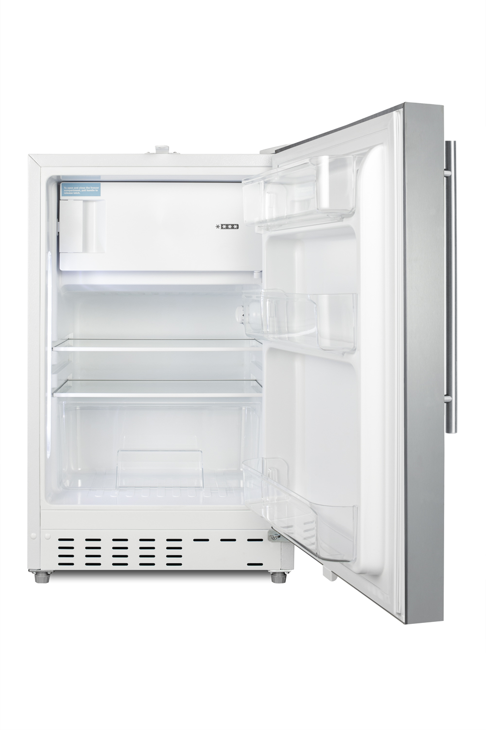 Built-in undercounter ADA compliant refrigerator-freezer in white with reversible SS door and vertical handle for residential use, manual defrost with glass shelves, front lock, and door storage